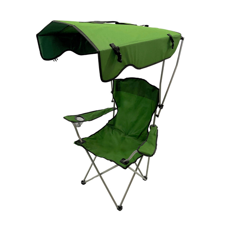 Green Folding Portable Camping Chair with roof, awning, cup holder, supports up to 150 kg