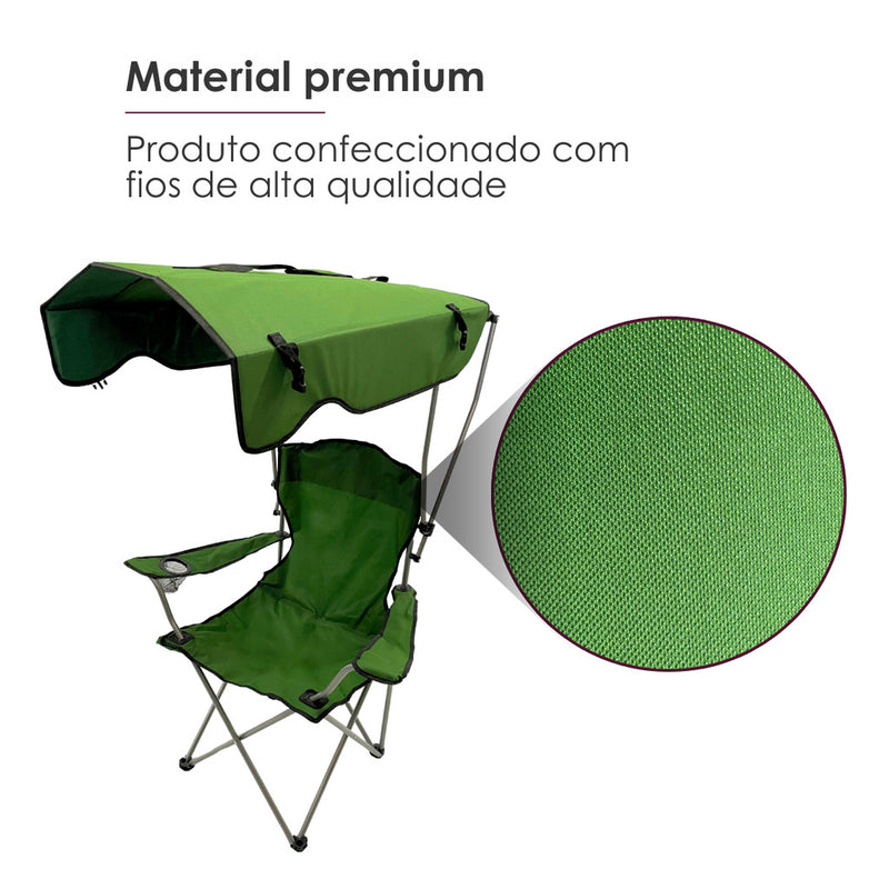 Green Folding Portable Camping Chair with roof, awning, cup holder, supports up to 150 kg