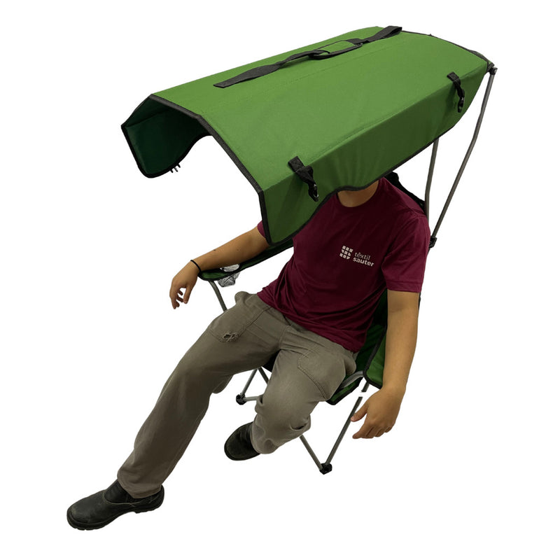 Green Folding Portable Camping Chair with roof, awning, cup holder, supports up to 150 kg