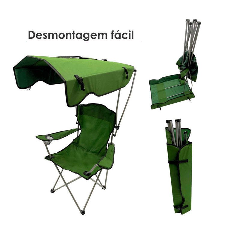 Green Folding Portable Camping Chair with roof, awning, cup holder, supports up to 150 kg